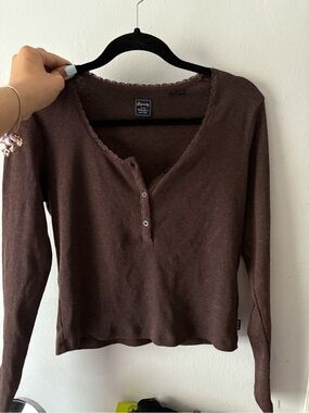 Superdry Brown Ribbed Henley Long Sleeve Top